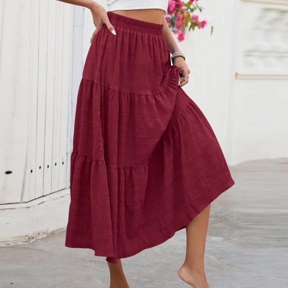 Besolor Women's Summer Boho Midi Skirt Tiered Ruffle Skirt Elastic Waist A-Line Flowy Beach Long Skirts with Pockets