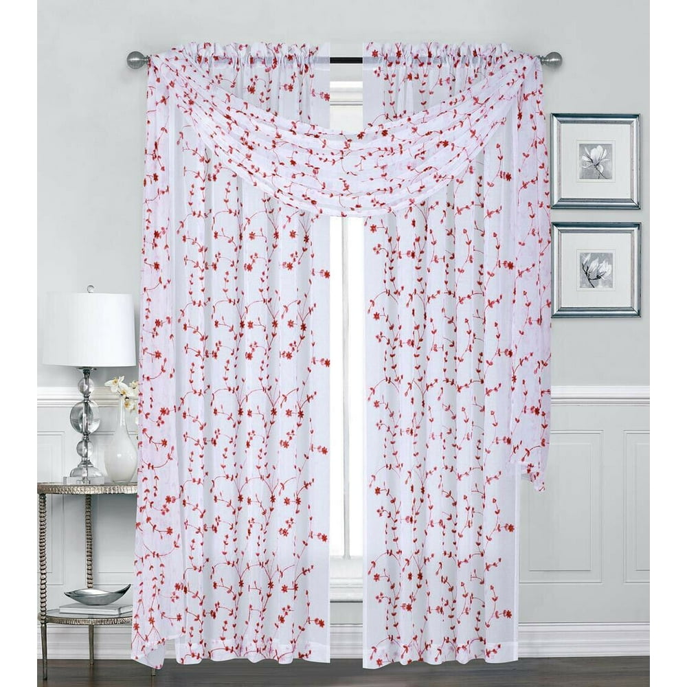 Complete 3 Pc Floral Embroidered Semi Matte Sheer Curtain Panel Pair & Scarf Set Red Walmart
