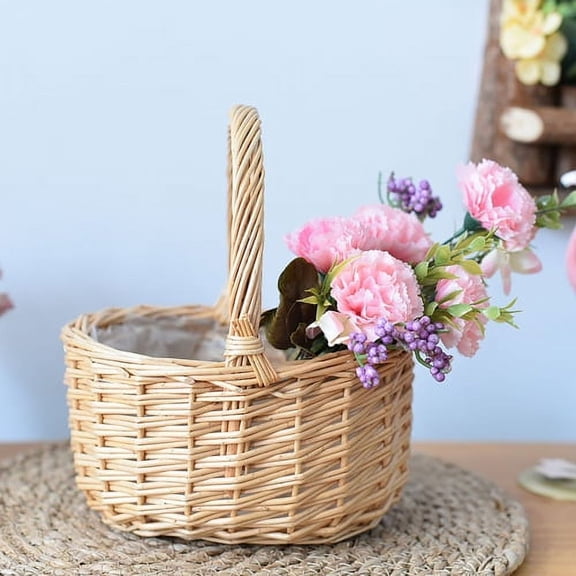 Sunjoy Tech Flower Girl Basket Fruit Food Plant Basket Candy Storage Basket Rattan Gift Basket with Handle Cloth Lining for Wedding Party Decorative Storage Basket