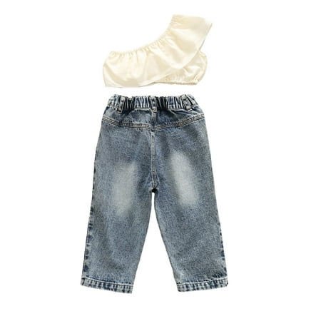 

One Opening Toddler Kids Baby Girl One Shoulder Tank Tops Hole Denim Pants
