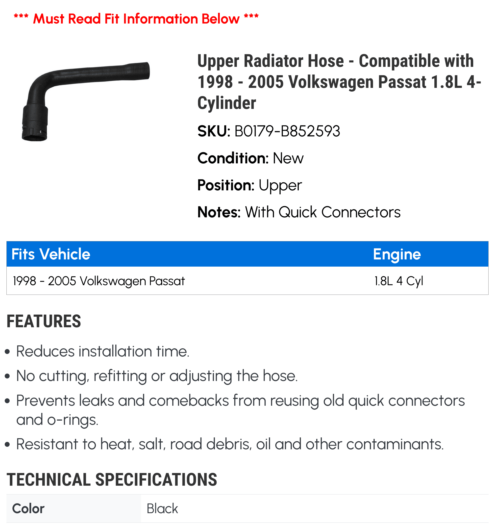 Upper Radiator Hose - Compatible with 1998 - 2005 Volkswagen Passat 1.8L 4-Cylinder 1999 2000 2001 2002 2003 2004