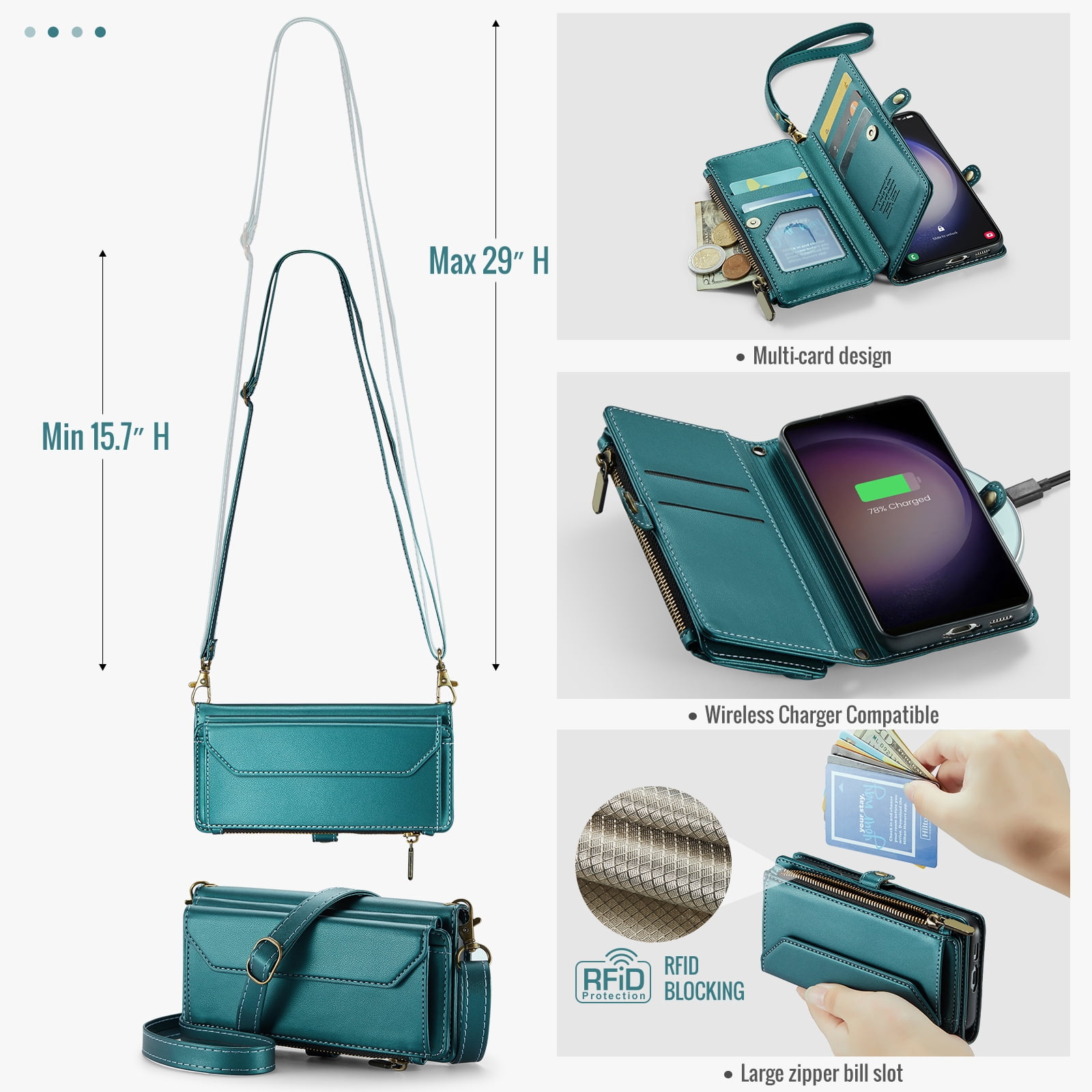 Compatible with Samsung Galaxy S23 5G Zipper Wallet Phone Case Tempered Glass Screen Protector Crossbody Lanyard Strap Flip Card Holder Slot Cell Cover for S 23 23S GS23 G5 SM-S911U 6.1 Women Green