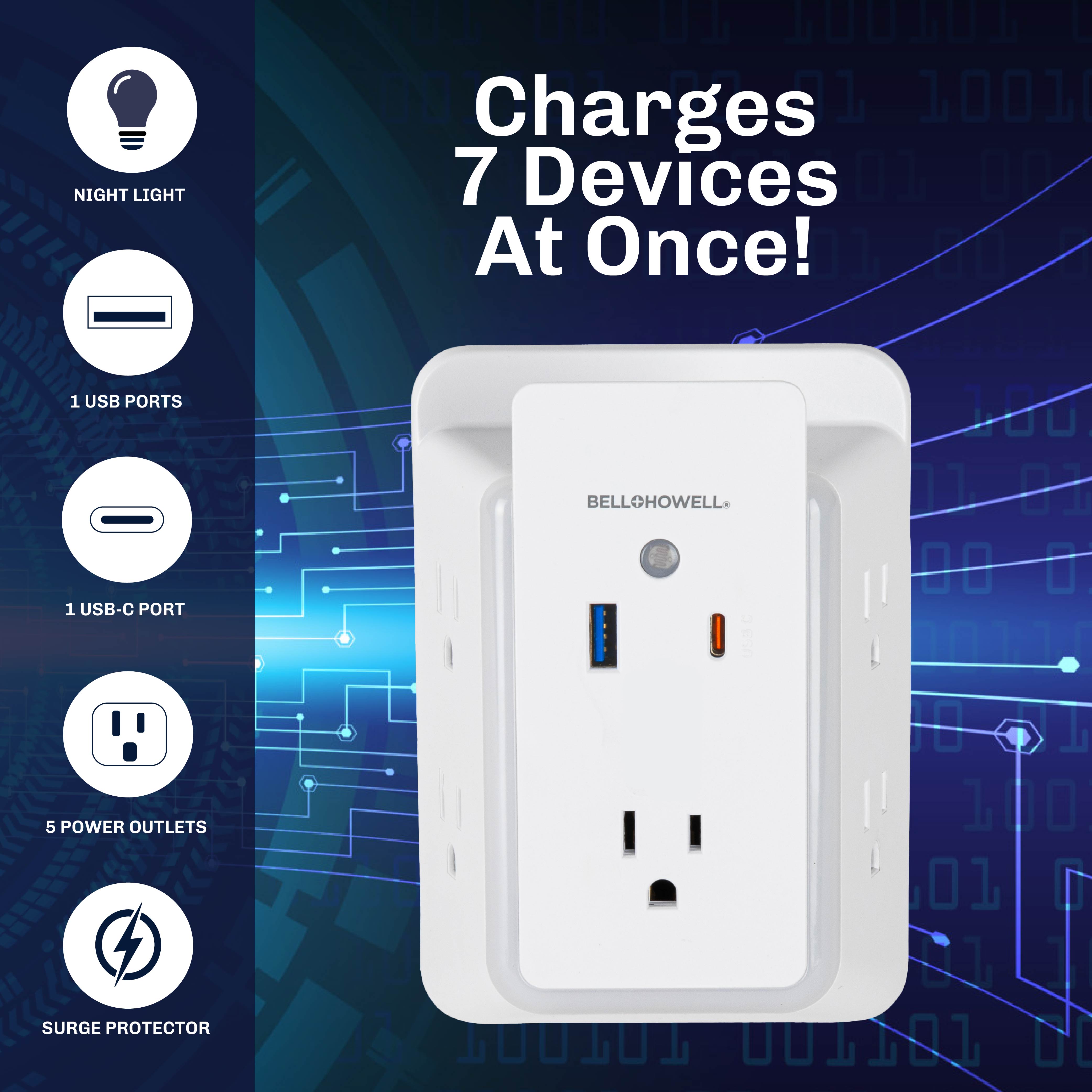 Bell+Howell Surge Protector Wall Power 5 Outlets, 1 USB and 1 USB-C Ports Quick Charging Station, Outlet Extender with USB Ports