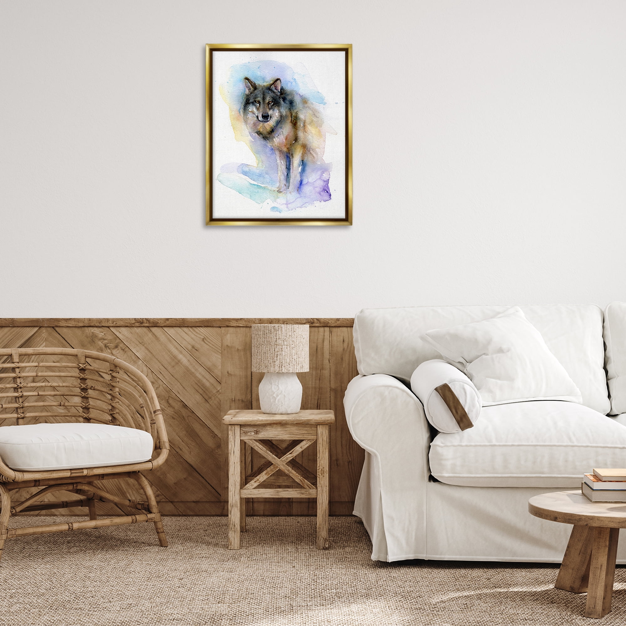 Stupell Industries Watercolor Wolf in Snow Animals & Insects Painting Gold Floater Framed Canvas Art Print Wall Art, 25 x 31