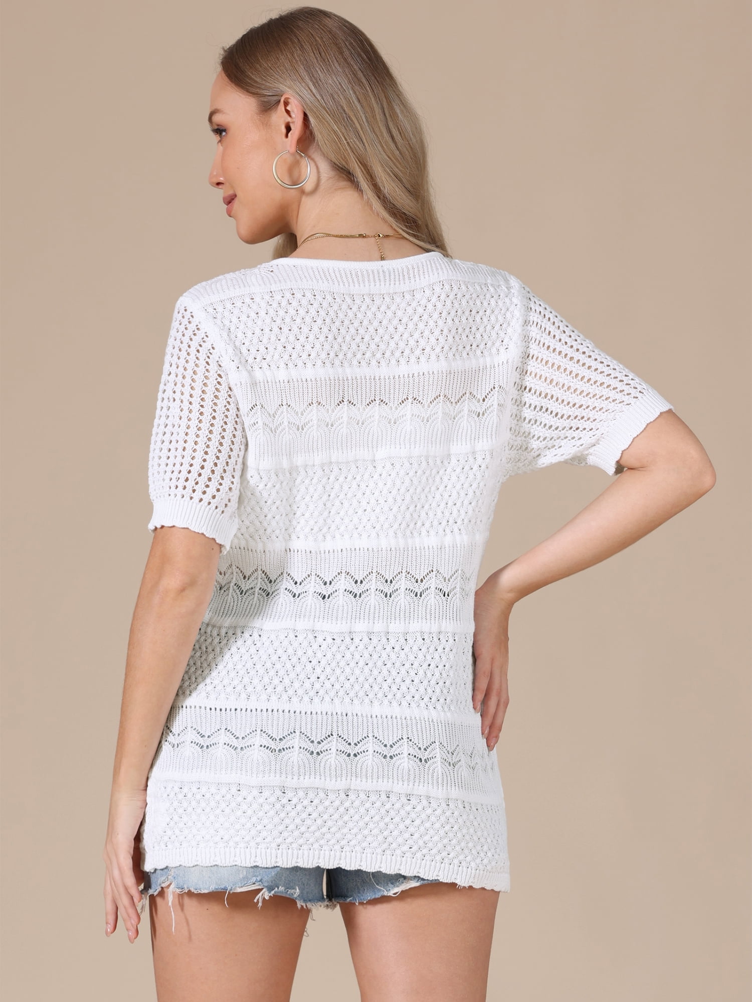 DARING DIVA Women's Crochet Tops Lightweight Short Sleeve Pullover Knit Blouses XL White