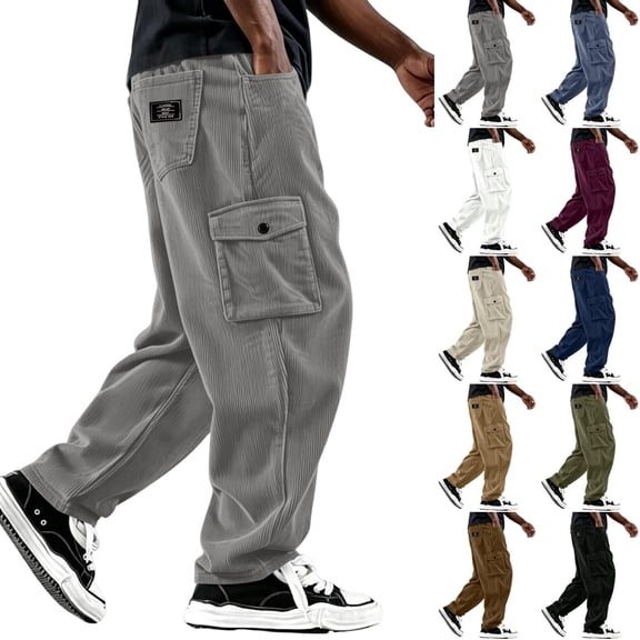 WJOSBXT Cargo Pants Men Baggy Corduroy Pants 2026 Drawstring Wide Leg Carpenter Pants Elastic Waist Stretch Relaxed Fit Lightweight Running Trousers 2XL
