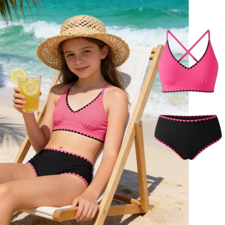 FASHOFT Girls Swimsuit Solid Two Piece Swimsuits Spaghetti Adjustable Strap Bathing Suit Summer Beach Girl Swimwear Hot Pink 13-14 Years