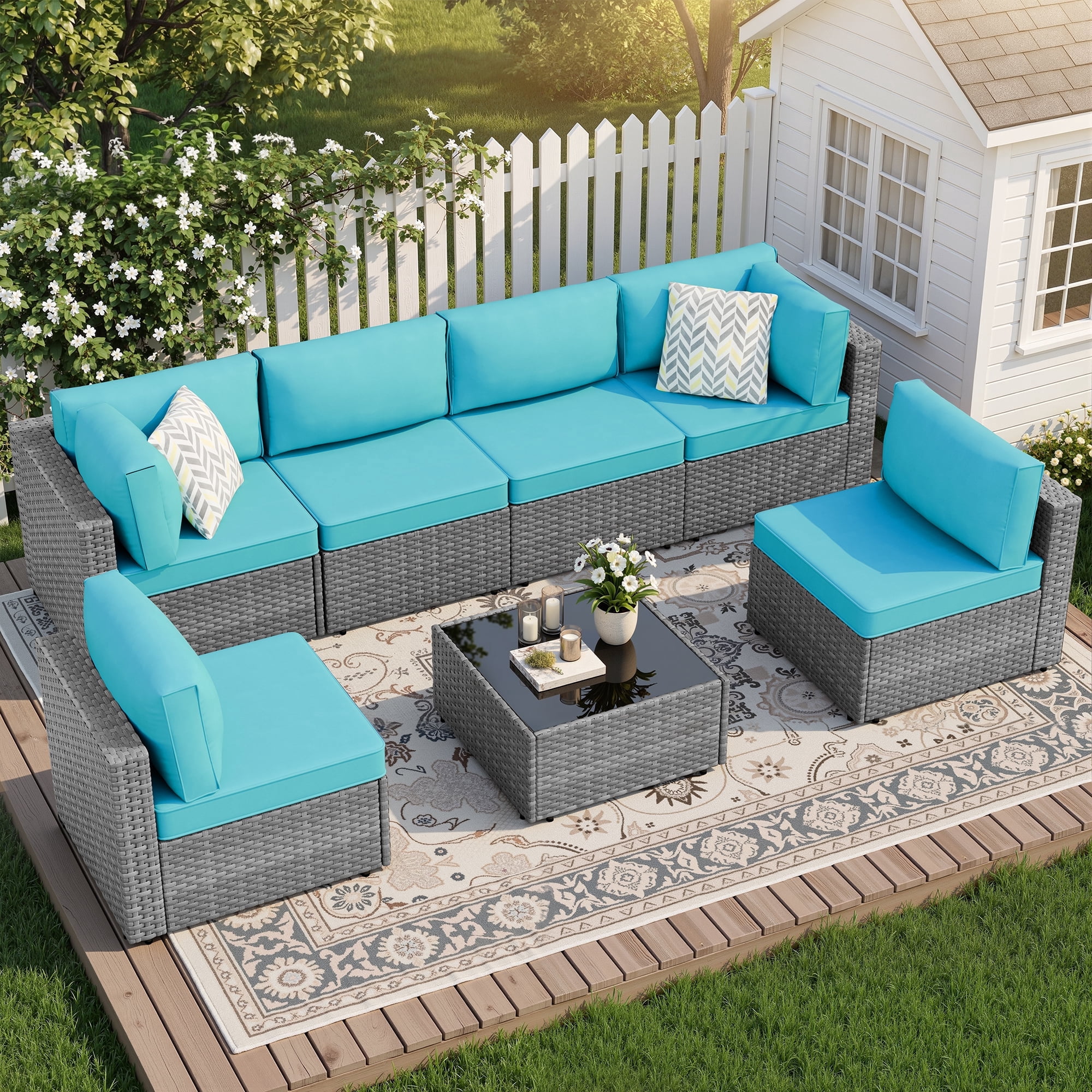 Walsunny 7 Piece Outdoor Patio Furniture Set, All-Weather PE Rattan Wicker Modular Sectional Conversation Sofa Set with Thick Cushions & Glass Coffee Table for Backyard, Poolside, Garden, Blue