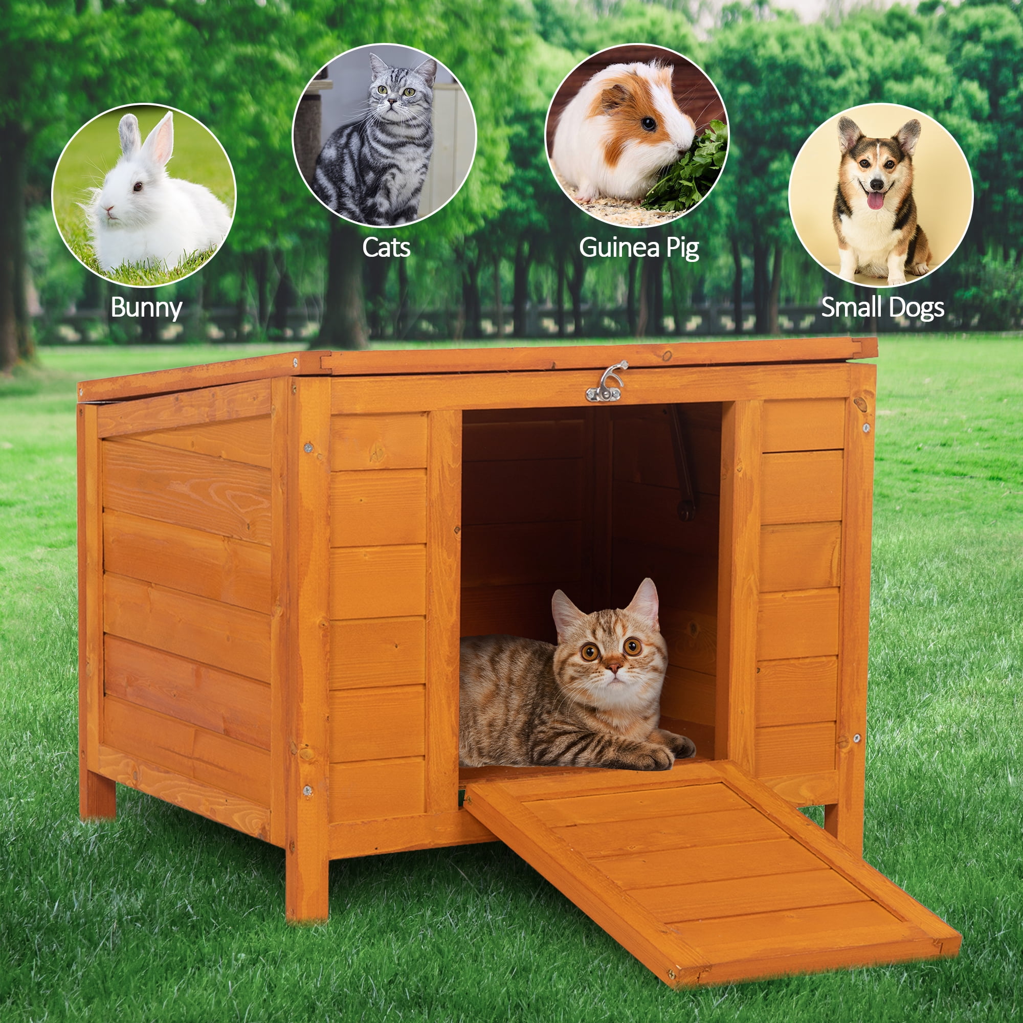Pefilos 23" Rabbit Hutch for Outdoor Topnotch Weatherproof Wooden Bunny Cat House Pet Cage Shelter Feral Cat House, Orange
