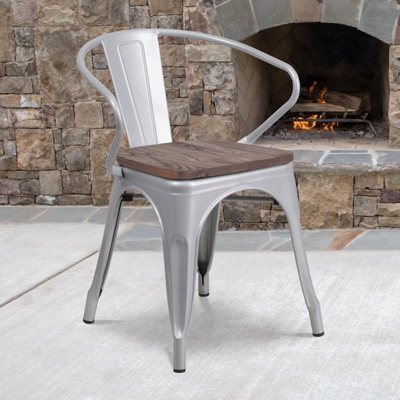 Emma   Oliver Silver Metal Chair with Wood Seat and Arms