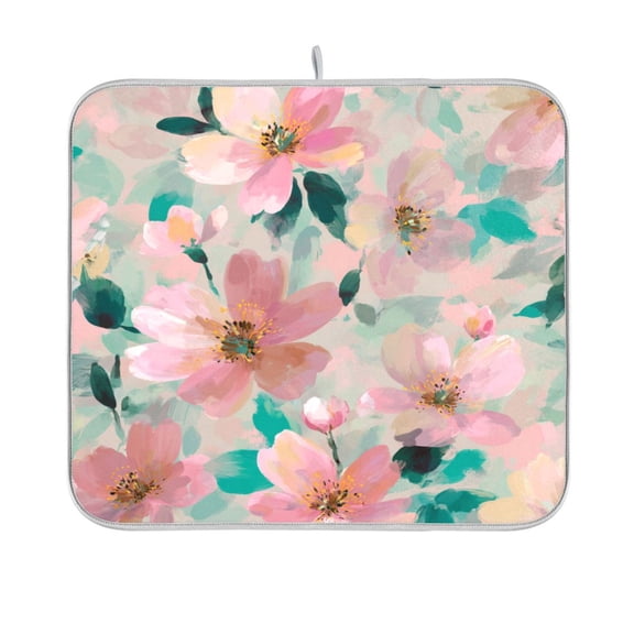 Dish Drying Mat Microfiber Kitchen Pad Large Counter Absorbent Dish Mats Drainer Rack 16"x18" Coral Floral Print