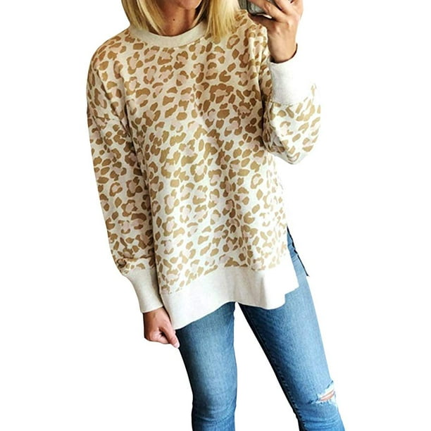 Women s Leopard Print Sweatshirt Casual Long Sleeve Side Slit
