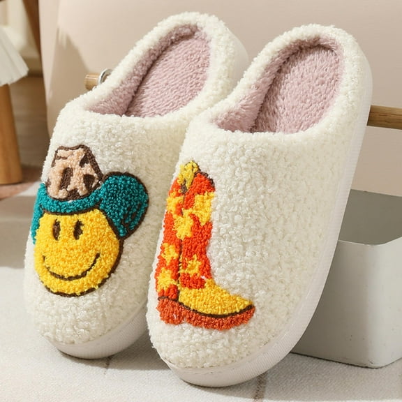 BERANMEY Cute Smile Cowboy Slippers for Women Perfect Soft Plush Comfy Warm Slip-On Western Boots Slippers fo Women Indoor Fluffy House Slippers for Women and Men Non-slip Fuzzy Flat Slides