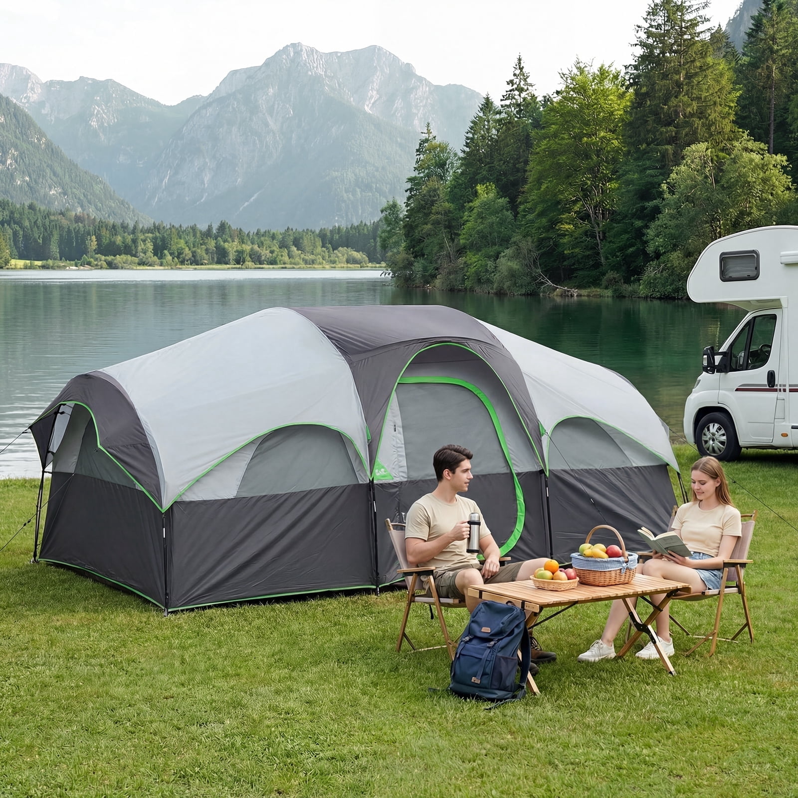 JIOABL 8 Person Camping Tent with Room Divider, Waterproof Polyester, Easy Setup, Portable with Carry Bag, Stakes & Ropes for Outdoor Camping, Gray