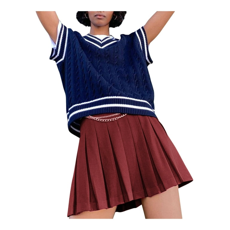 Shuttle tree Women Pleated Short Skirt High Waisted A line Tennis Mini Skirt School Uniform Skirts with Chain