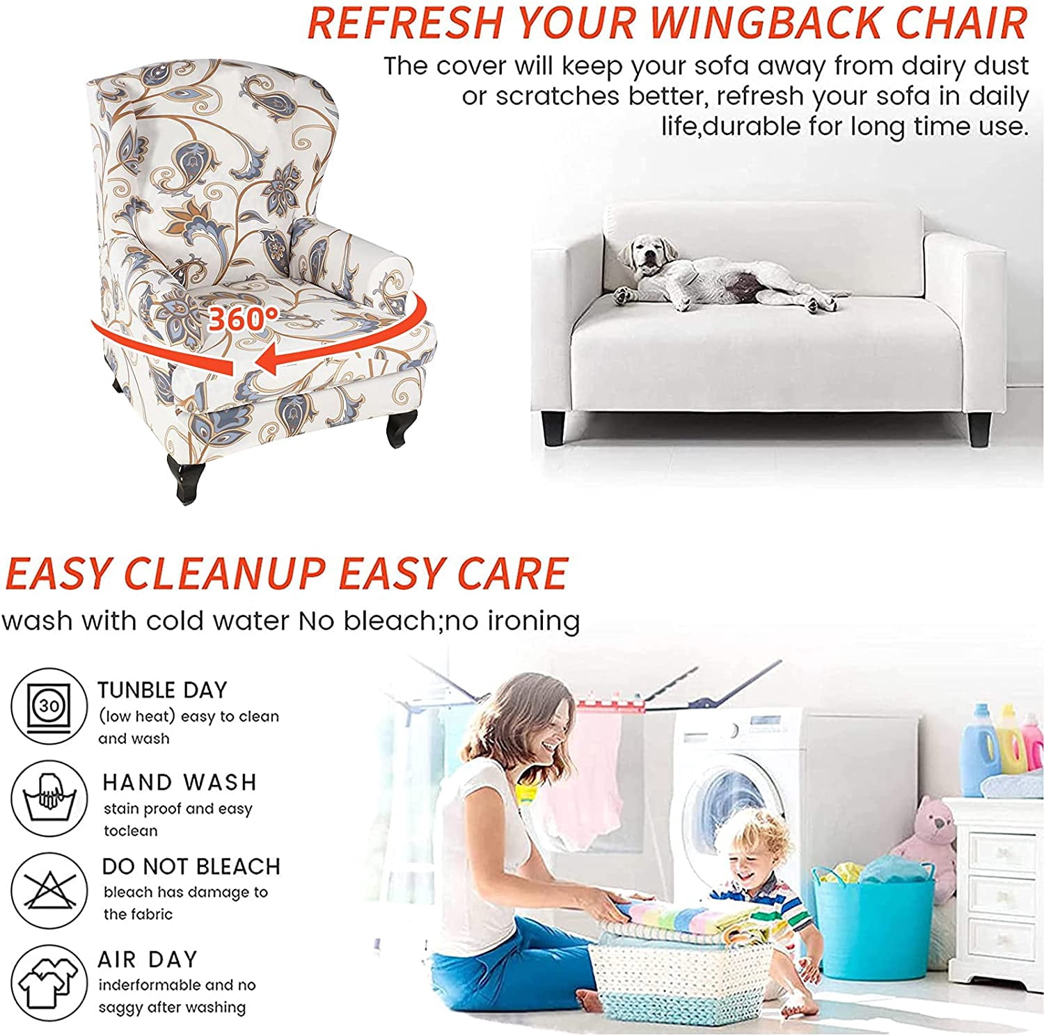 CHUNTIAN Wingback Chair Covers Slipcovers 2 Piece Stretch Wing Chair Covers Spandex Slipcovers Wingback Sofa Covers Armchair Covers Non-Slip Furniture Protector for Living Room Wingback Chairs, A13