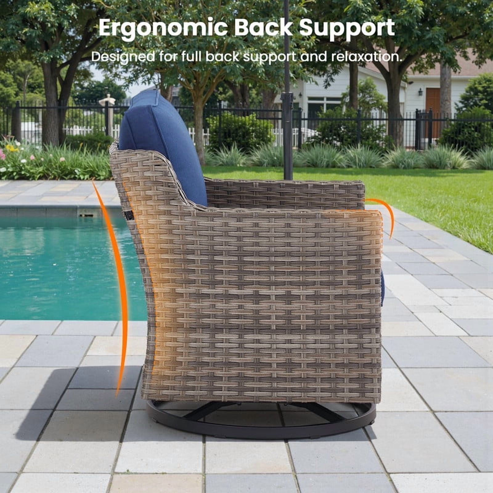 PARKWELL 6 Piece Outdoor Patio Swivel Glider Chair Set,All-Weather Rattan Conversation Set with Swivel Rocking Chair and Side Table,4-Seat Furniture Sets for Deck, Backyard,Gray/Navy