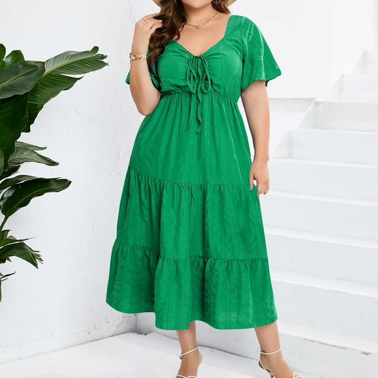 cfhntfmh Plus Size Dresses for Curvy Women Summer Tiered Ruffle Flowy Midi  Dress Ruched Short Sleeve V Neck T-Shirts Dress - Walmart.com
