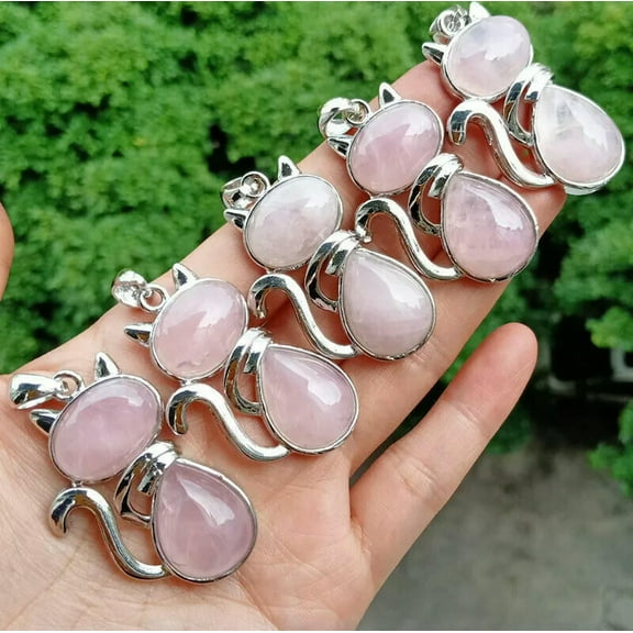 K-KED 5pcs Rose Quartz stone Kitty Cat Healing Pendants Chakra Reiki Healing Amulet