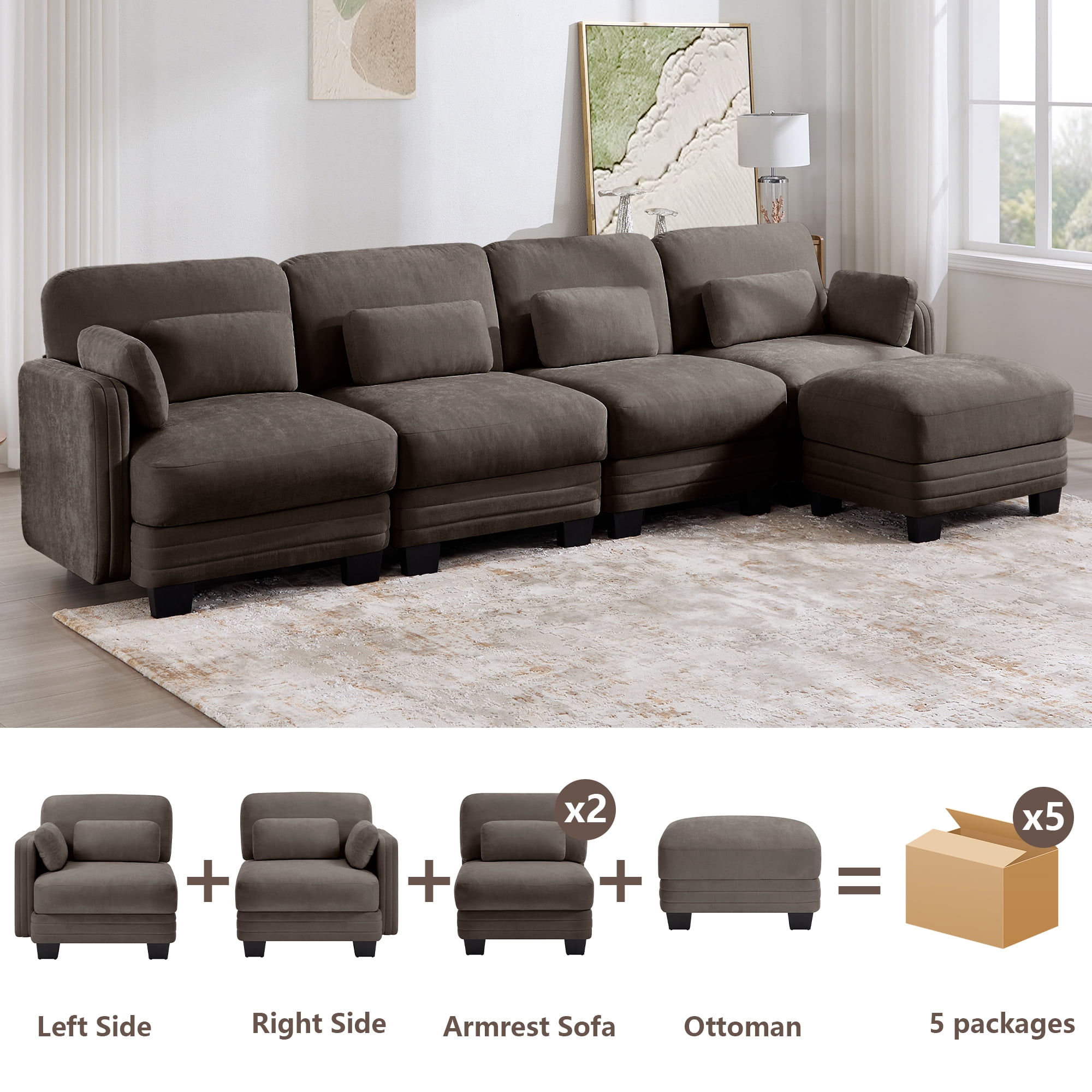 130" L Shape Modern Modular Sectional 4 Seater Sofa Couch with Movable Ottoman and 6 Pillows