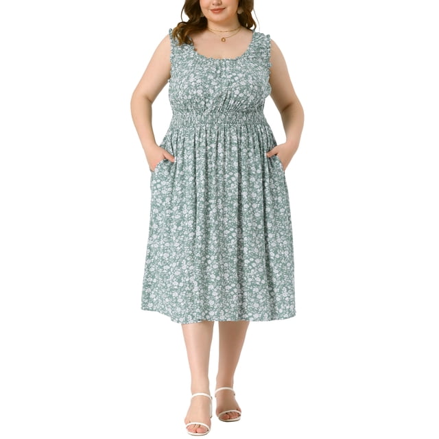 Vestido sin mangas de cuello cuadrado con flores y cintura elástica para mujeres de tallas grandes Agnes Orinda, 1X, verde oscuro, para el Día de la Madre