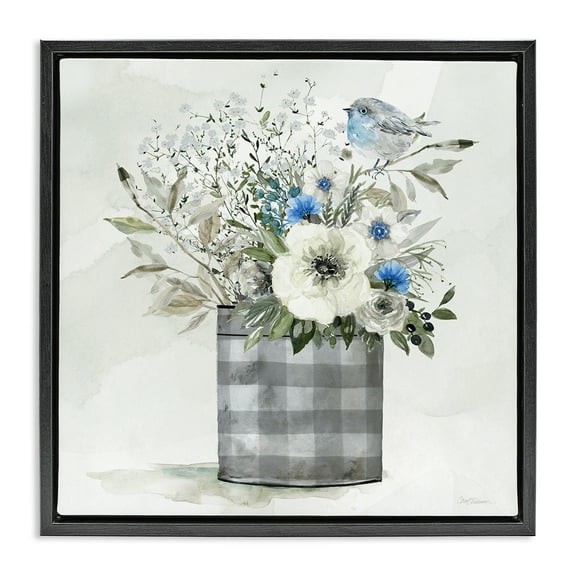 Stupell Industries Country Plaid Flower Vase Plants & Flowers Painting Black Floater Framed Canvas Art Print Wall Art, 18 x 18