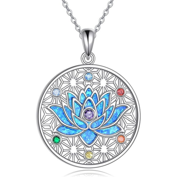 Collier Lotus Chakra en Argent Sterling Pendentif Fleur de Lotus Sept Chakras Bijou Lotus Bleu pour Femmes Cadeaux de Yoga pour Femmes