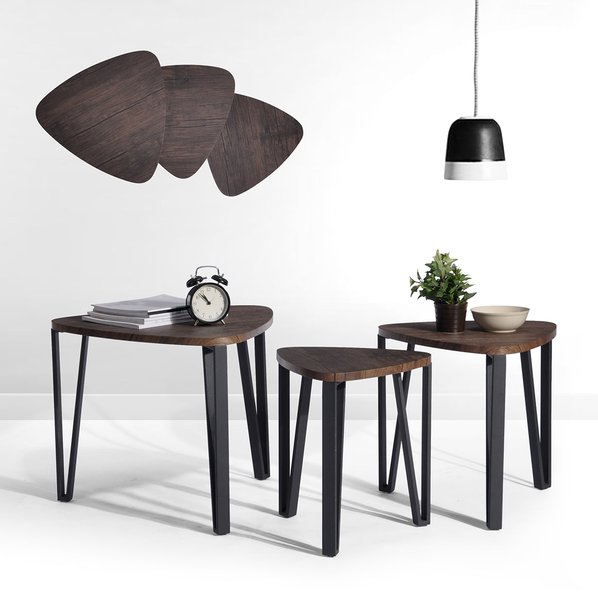 Private Jungle Nesting Triangle Side Table Set of 3,Modern Woodgrain Look for Living Room Coffee Tables or Nightstands-Vintage Brown