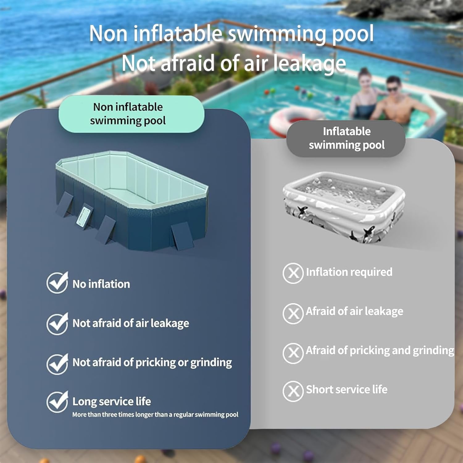 Beuway 101"Foldable Swimming Pool for 1-6 People,Non-Inflatable Above Ground Garden Pool for Kids,Family(Blue)