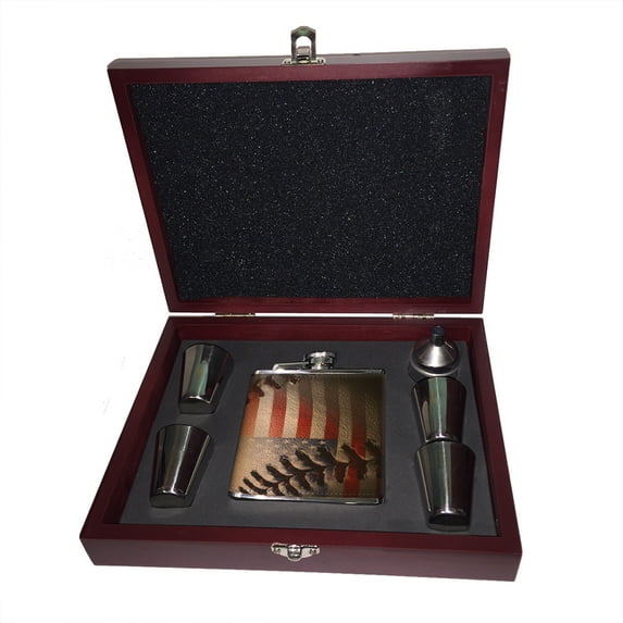 KuzmarK 6 oz. Leather Flask Set in Rose Wood Presentation Box - American Flag Baseball Stitch