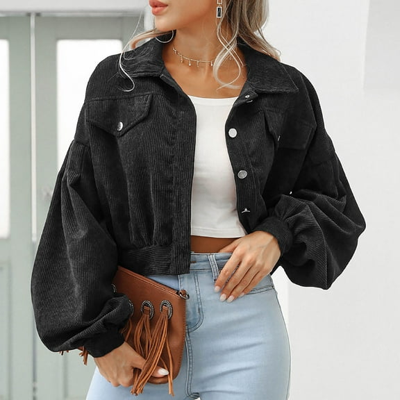 Tejiojio Clearance Women's Corduroy Long Sleeve Lantern Sleeve Lapel Single Breasted Pockets Short Coat