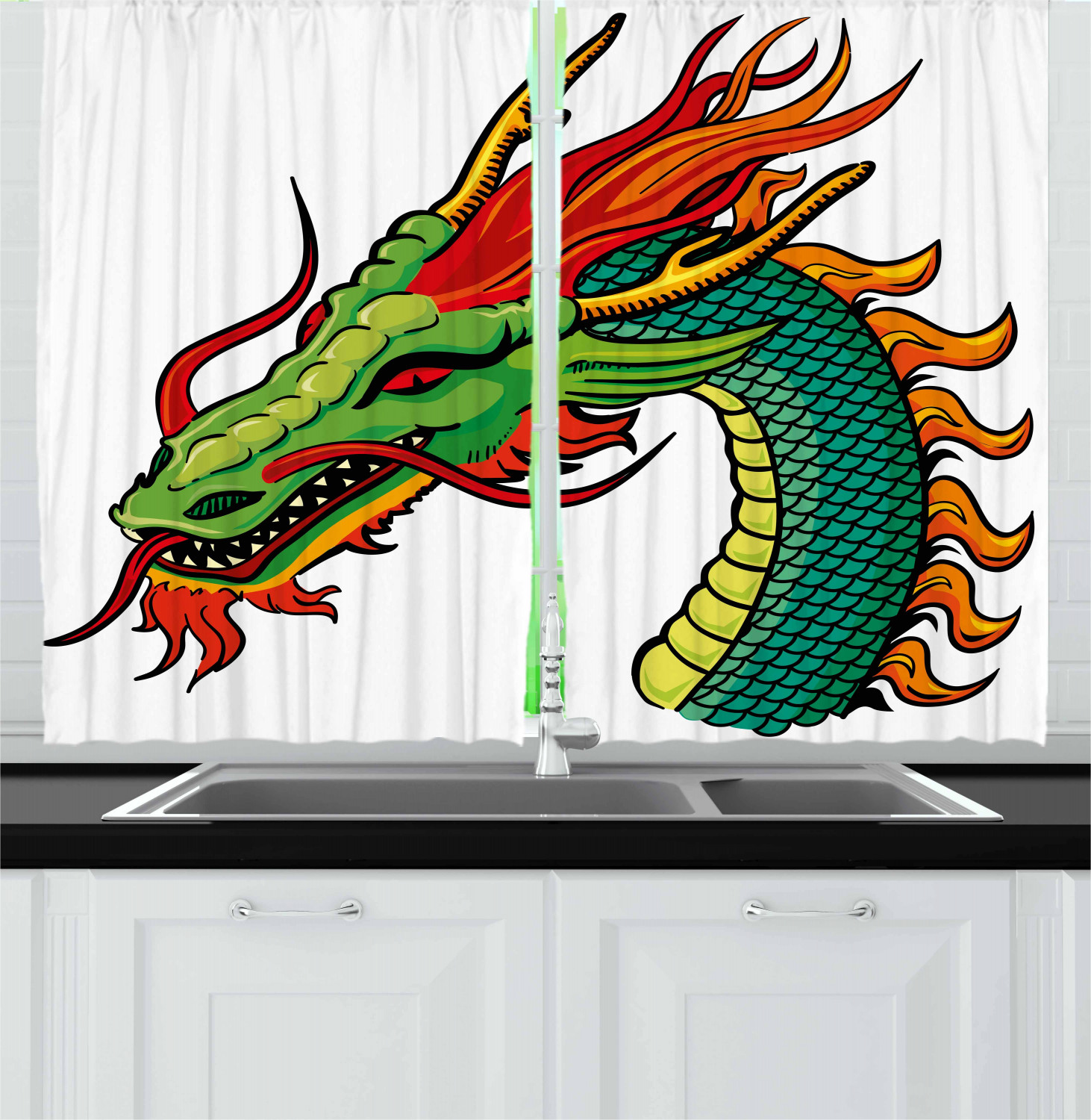 Dragon Curtains 2 Panels Set, Monster Head Portrait Traditional Danger Retro Fantastic Animal Cartoon, Window Drapes for Living Room Bedroom, 55W X 39L Inches, Fern Green Orange Red, by Ambesonne