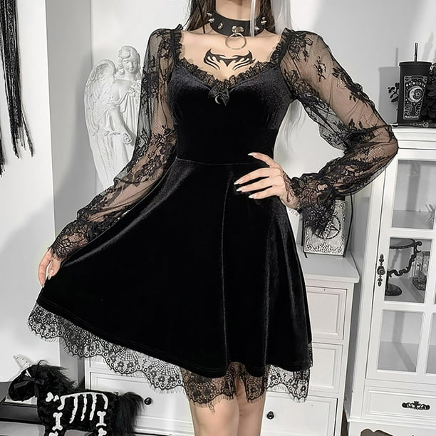 Women Gothic Sleeve Hollow Dress Long Out Lace Patchwork Punk