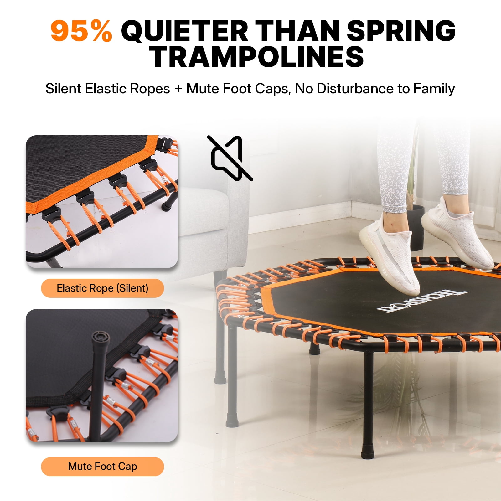 50 Inch Fitness Trampoline with T-Bar Handle – Quiet Adult Mini Trampoline with Silent Elastic Ropes, 10-Minute Fat Burning Cardio Workout at Home, Easy Assembly, Red/Black