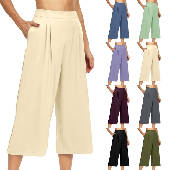 Womens Cropped Pants High Waisted Wide Leg Pleated Culottes Lightweight Casual Summer Trousers with Pockets for Travel Vacation,Olive Green,L
