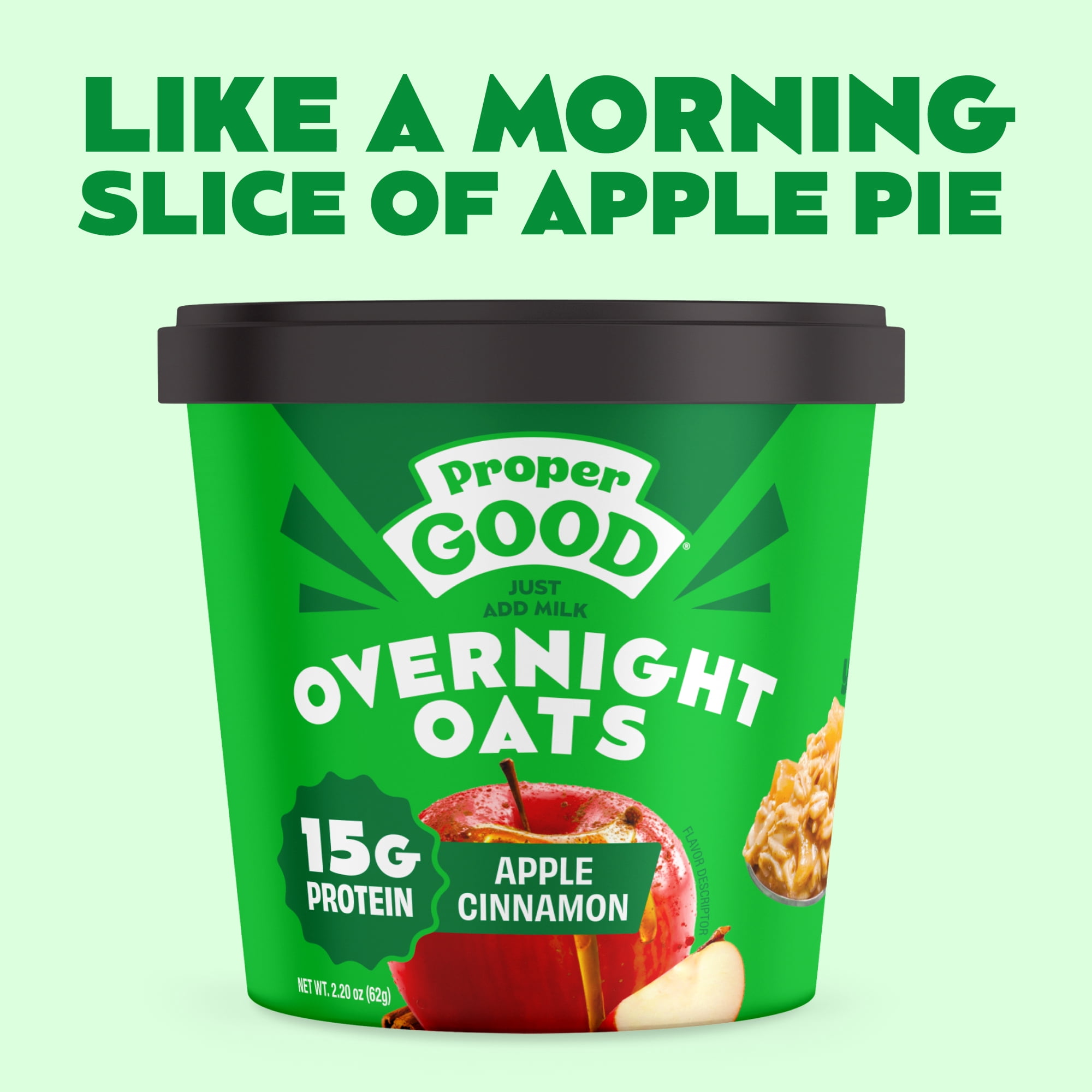 Proper Good Apple Cinnamon Overnight Oats, 15g Protein, Shelf-Stable, 2.2 oz Tub