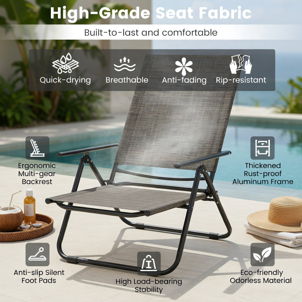 Hommoo 2-Pack Foldable Patio Chaise Lounge Chairs with 6-Position Reclining Backrest, Outdoor Loungers for Poolside, Backyard & Balcony, Gray