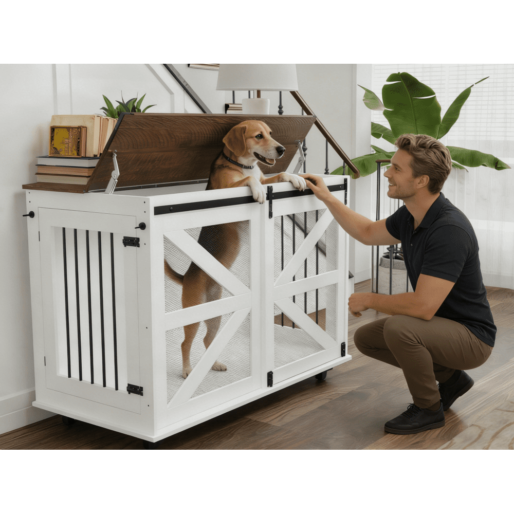 47.2" Double Dog Crate Furniture Mobile Pet Kennel Flip-Top Feeding Door 5 Casters with 2 Locking Wheels Side Hooks