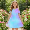 thumbnail image 4 of Girls Party Dresses Summer Girl's Casual Cold Shoulder Tie-Dyed Short Sleeve Knee Length Shirts Dresses with Pockets Summer T-Shirt Beach Sundress New Blue 5T, 4 of 8