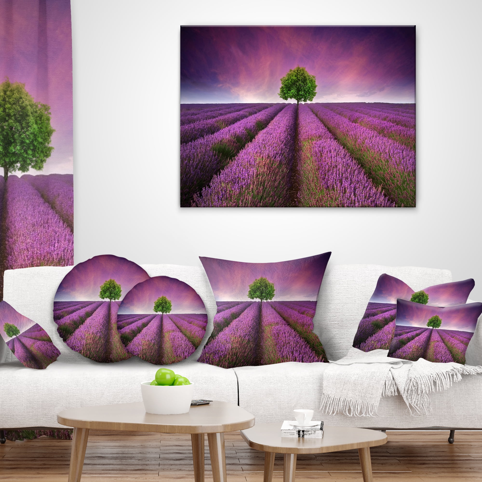 Designart Lavender Field Sunset with Single Tree - Floral Throw Pillow - 12x20