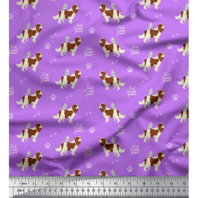 Soimoi Purple polyester Crepe Fabric Bird,Paw & Cocker Spaniel Dog Print Fabric by Yard 52 Inch Wide
