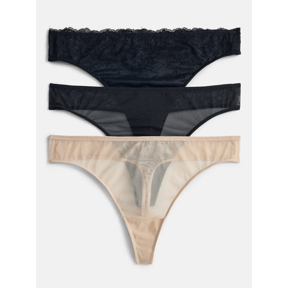Joyspun Women's Lace and Mesh Thong Panties, 3-Pack, Sizes XS-XXXL