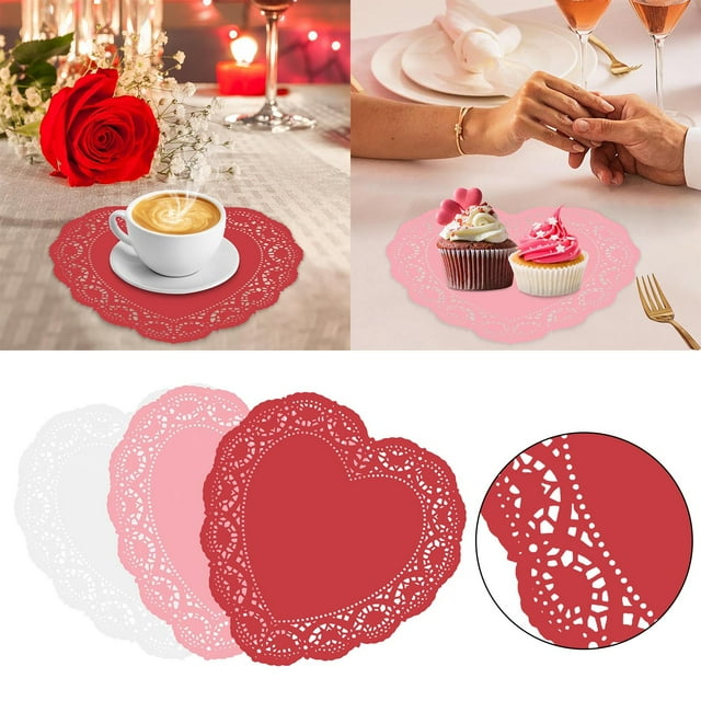 Heart Shaped Paper Placemat 10 Inch Heart Shaped Placemat Lace Paper 100 Of Paper Placemat For Arts And Crafts Valentine's Day Decoration Red White Mixed Colors Table Setting for 4 Mats for Kitchen