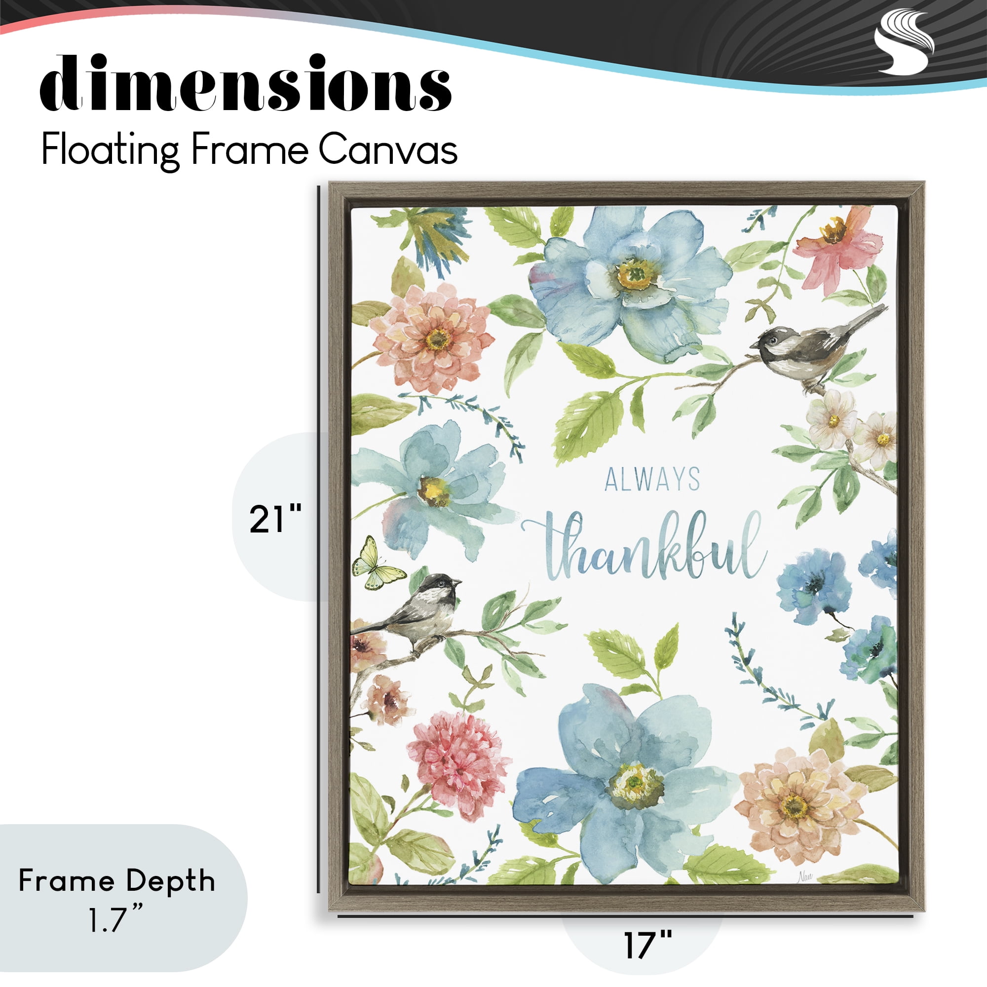 Stupell Industries Always Thankful Pink & Blue Brown Framed Floater Canvas Wall Art, design by Nan
