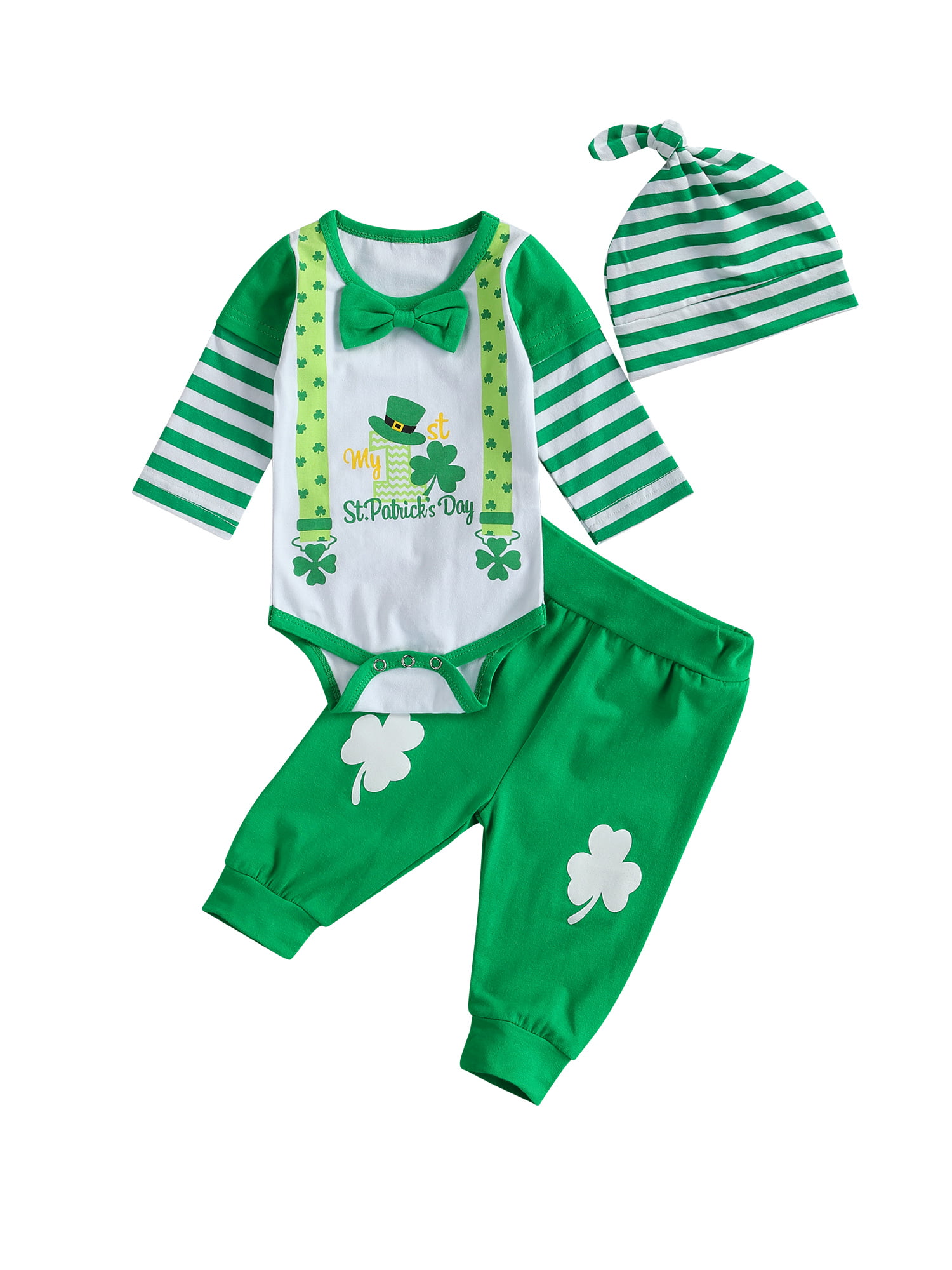 Patricks Day Baby Boy Girl Clover Clothes Set Bodysuit Pants Hat Newborn Gentleman Outfits 3PC My First St