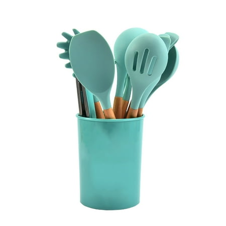 

Silicone Cooking Tool Set Silicone Spatula Scraper Spoon Brush Egg Beater Clip Set With Wood Handle And Storage Bucket