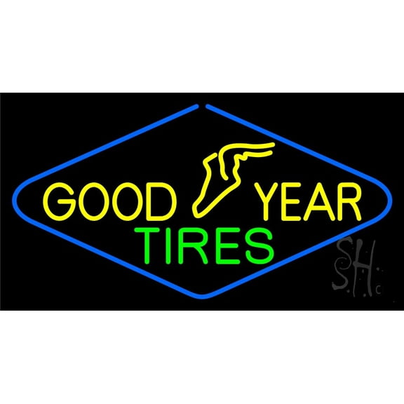 Goodyear Tires Blue Border LED Neon Sign 13 x 24 - inches, Clear Edge Cut Acrylic Backing, with Dimmer - Bright and Premium built indoor LED Neon Sign for automotive store, and mall.