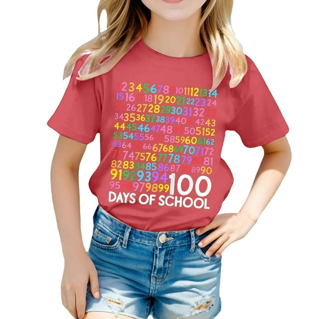 PMVFHDE T-Shirts Fille T-Shirt Décontracté Imprimé Col Rond Manches Courtes T-Shirt Décontracté Rouge Melon D\'eau, 6-7 Ans