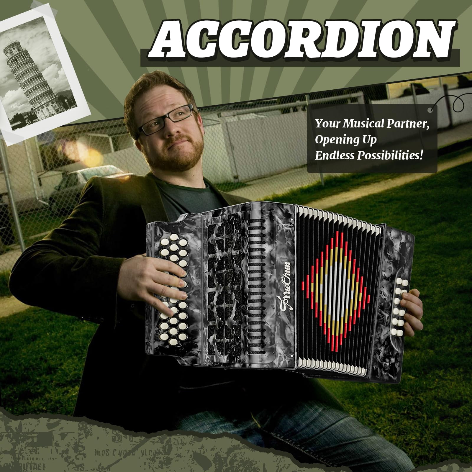 YueChun Accordion, 31 Keys 12 Bass G/C/F Diatonic Button Accordion , Portable Professional Button Accordion with Case (Gray)