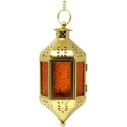 Gold Hanging Decorative Candle Lantern Holders with Chain, Amber Glass